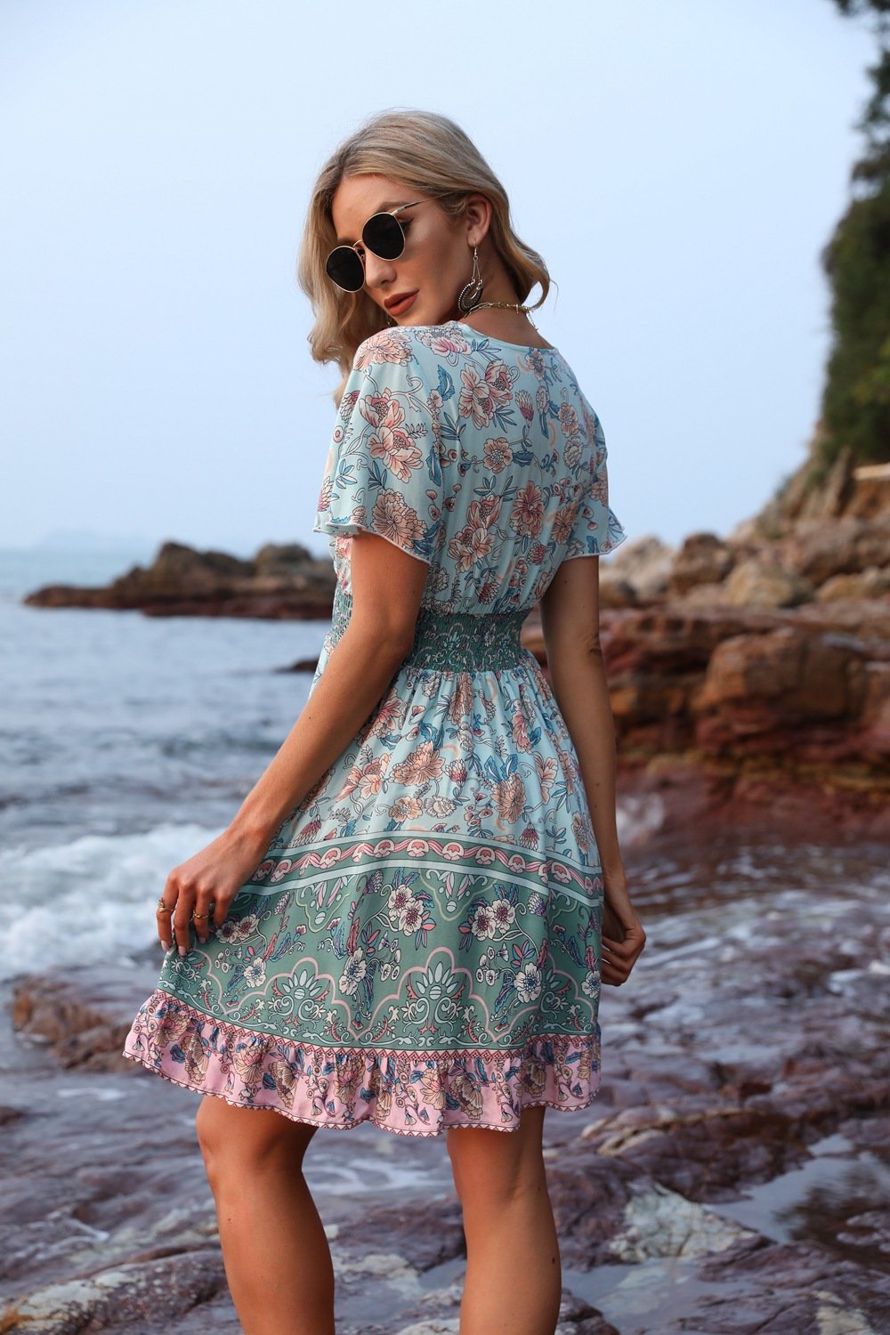 Floral Print Butterfly Sleeve Boho Dress (Green/Apricot) (Sizes: S-XL)