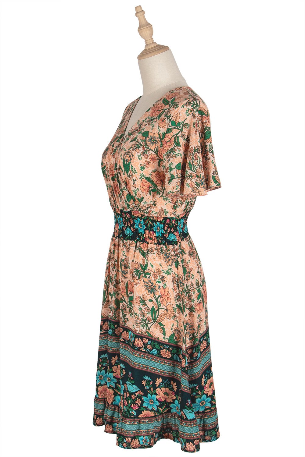 Floral Print Butterfly Sleeve Boho Dress (Green/Apricot) (Sizes: S-XL)