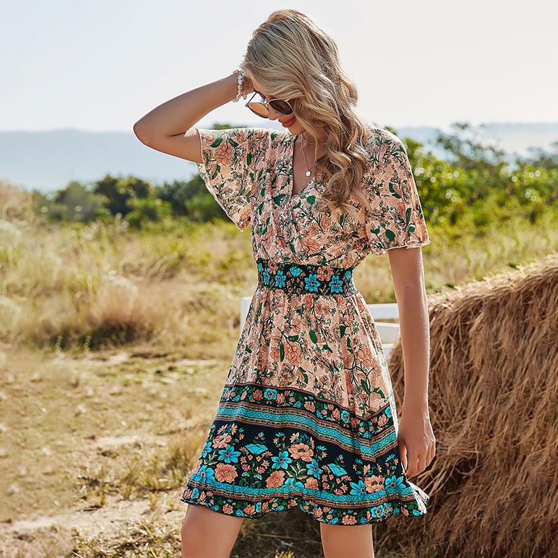 Floral Print Butterfly Sleeve Boho Dress (Green/Apricot) (Sizes: S-XL)