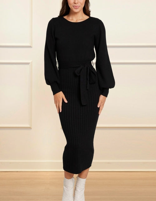 Paloma Midi Dress Ribbed Belted Puff Sleeves (Sale Price: $43.88 CAD)