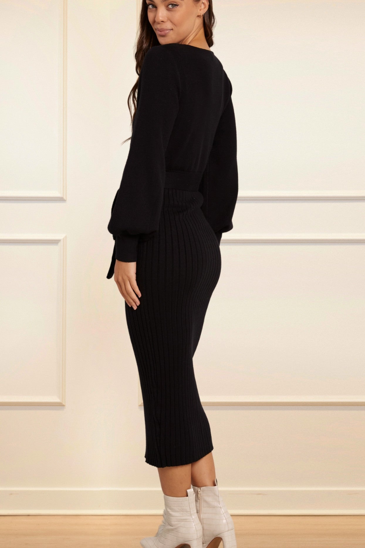 Paloma Midi Dress Ribbed Belted Puff Sleeves (Sale Price: $43.88 CAD)