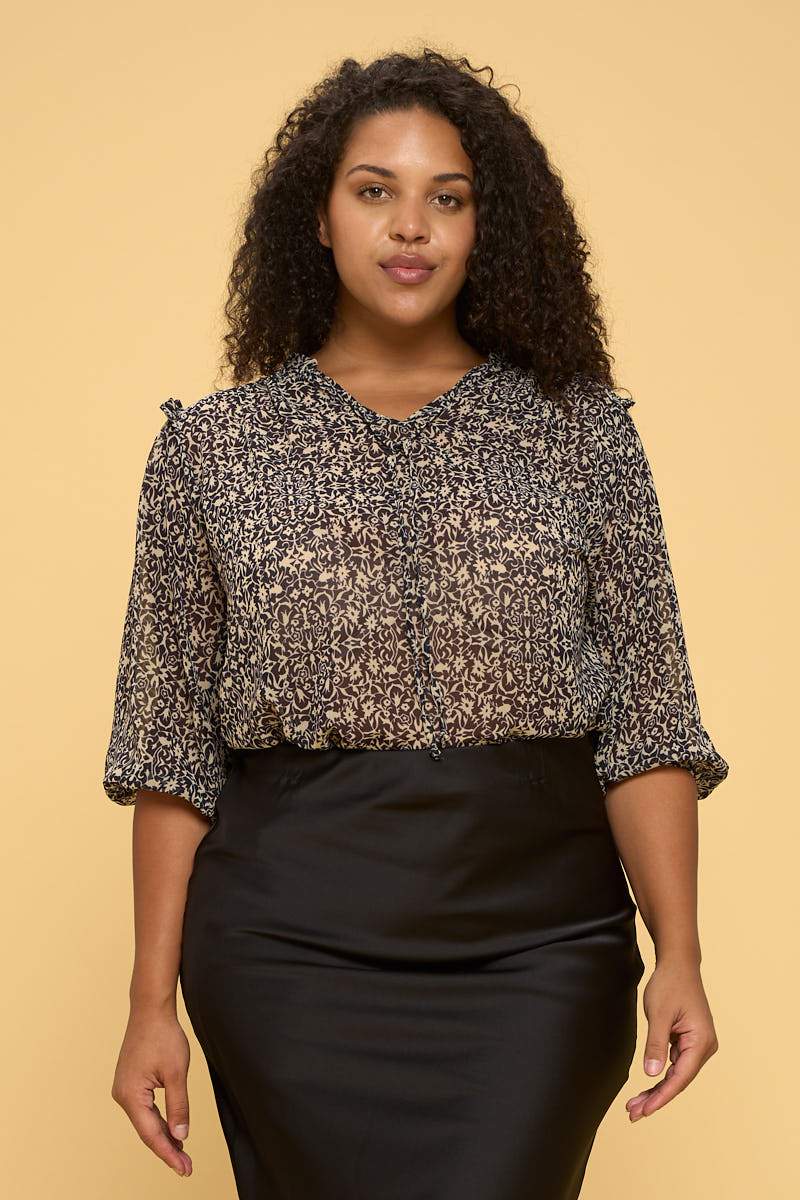 Print Semi Sheer Top with Tie - Navy - Plus (Sizes: 1X - 3X) (Sale Price: $125.80 CAD)
