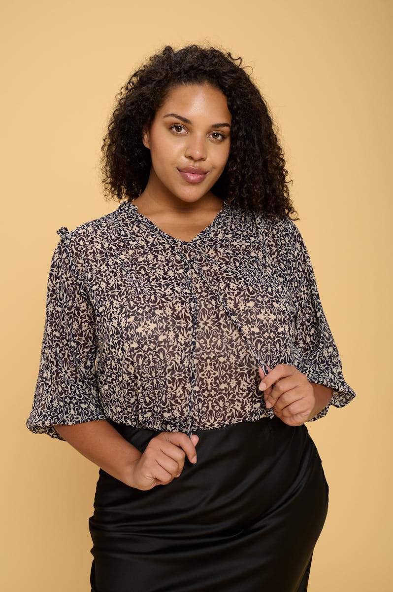 Print Semi Sheer Top with Tie - Navy - Plus (Sizes: 1X - 3X) (Sale Price: $125.80 CAD)