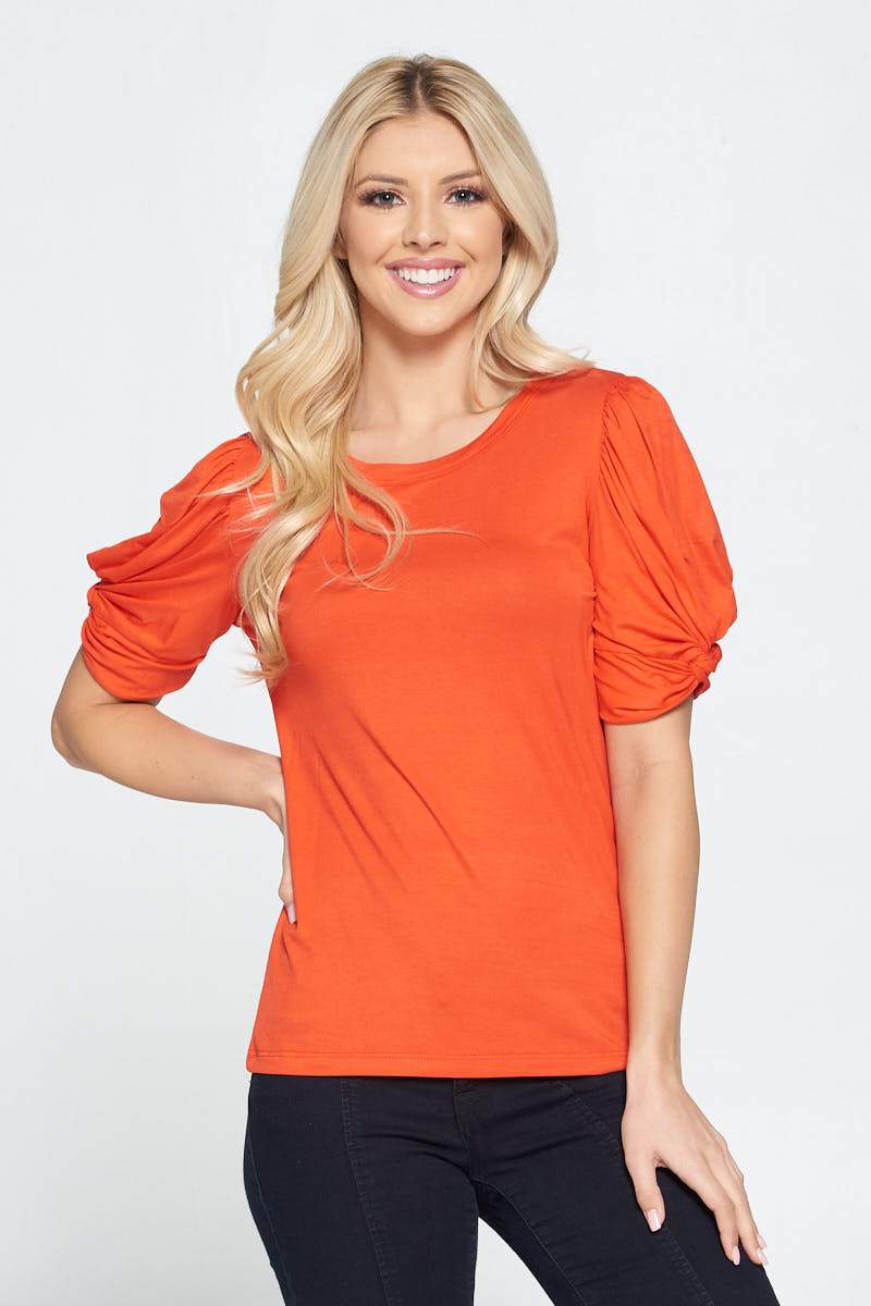Solid Short Sleeve Top with Scrunched Sleeves - 98% Rayon (Sizes: S - 3XL) (Sale Price: $68.89 CAD)