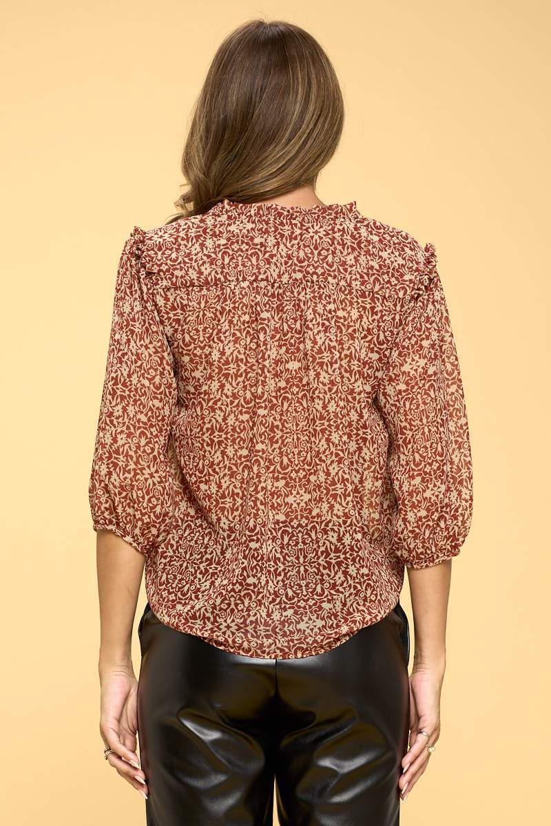 Print Semi Sheer Top with Tie - Rust