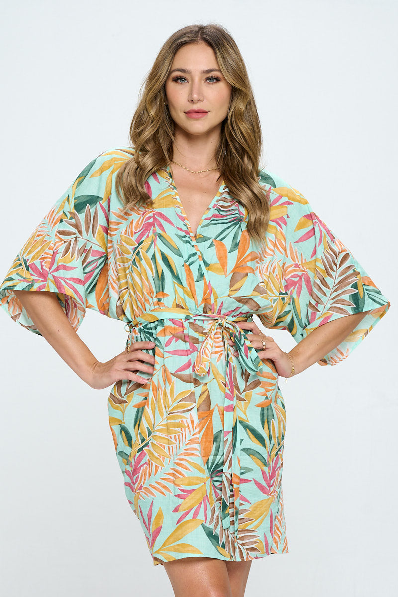 Tropical Print Kimono Style Dress with Tie (100% Cotton) (Made in USA)