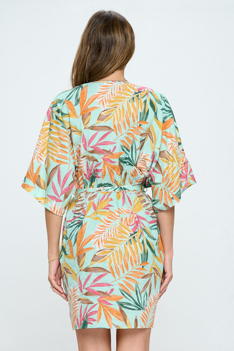 Tropical Print Kimono Style Dress with Tie (100% Cotton) (Made in USA)