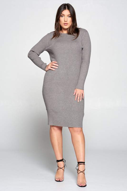 Gray Ribbed Knit Bodycon Dress - Plus (Sizes: 1X-3X) ~ Made in the USA
