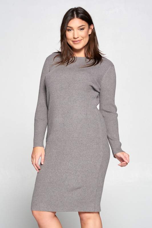 Gray Ribbed Knit Bodycon Dress - Plus (Sizes: 1X-3X) ~ Made in the USA