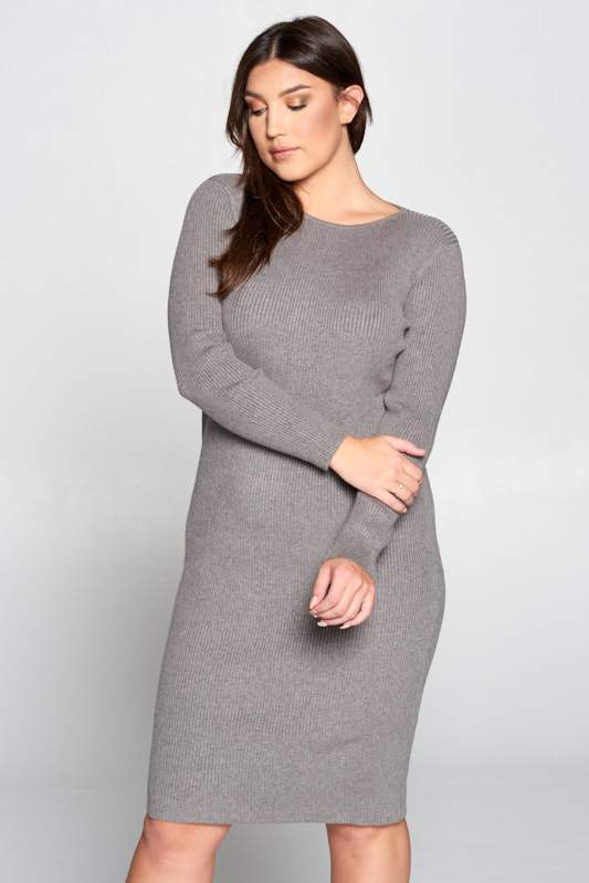 Gray Ribbed Knit Bodycon Dress - Plus (Sizes: 1X-3X) ~ Made in the USA