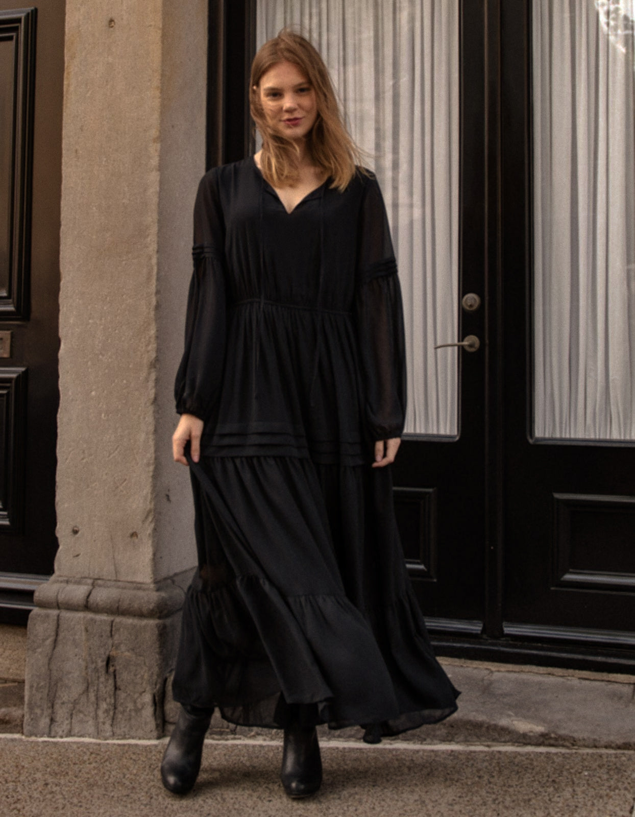 Raissa Maxi or Midi Dress Tiered Solid black (Sizes: XS- 1XL) (Sale Price: $49.29 CAD)