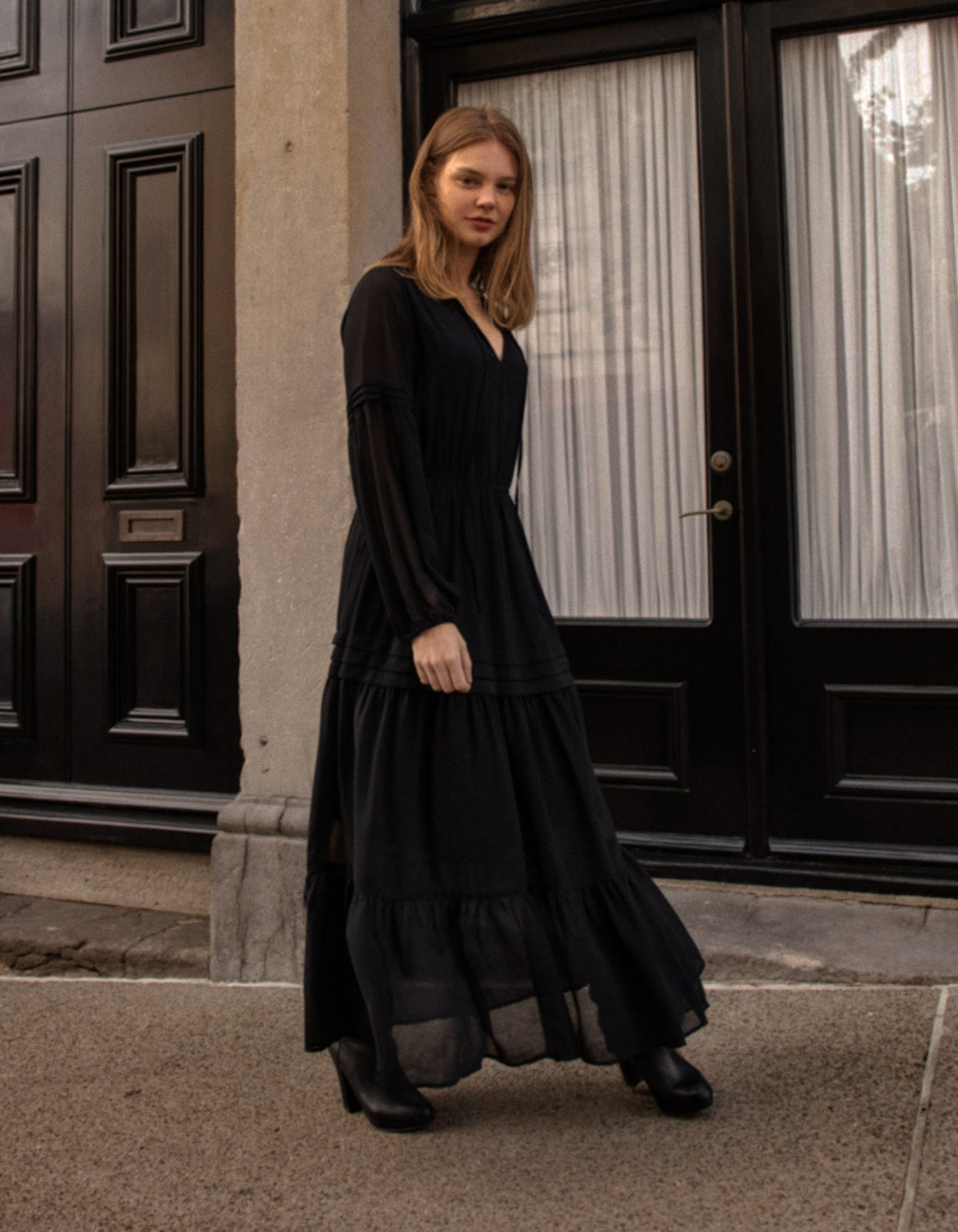 Raissa Maxi or Midi Dress Tiered Solid black (Sizes: XS- 1XL) (Sale Price: $49.29 CAD)