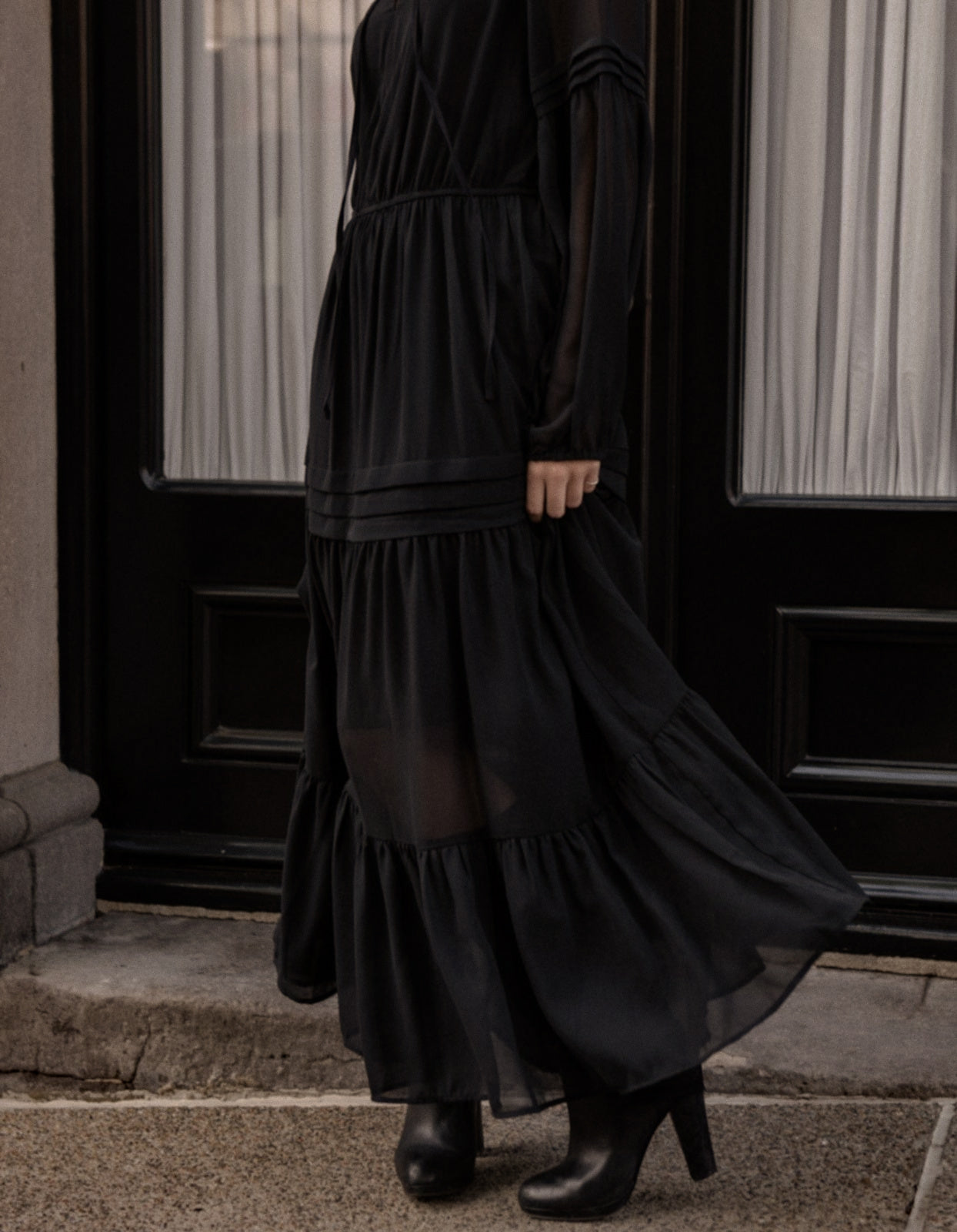 Raissa Maxi or Midi Dress Tiered Solid black (Sizes: XS- 1XL) (Sale Price: $49.29 CAD)