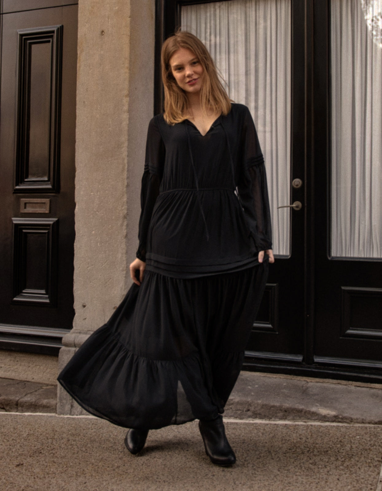Raissa Maxi or Midi Dress Tiered Solid black (Sizes: XS- 1XL) (Sale Price: $49.29 CAD)