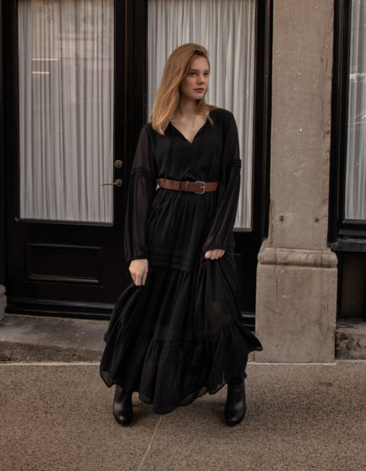 Raissa Maxi or Midi Dress Tiered Solid black (Sizes: XS- 1XL) (Sale Price: $49.29 CAD)