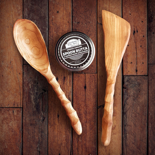 Chef Spoon & Wooden Spatula, and SpoonButta (4 oz.) Combo Set - hand carved by artisans - chiseled handle (Sale Price: $102.85 CAD)