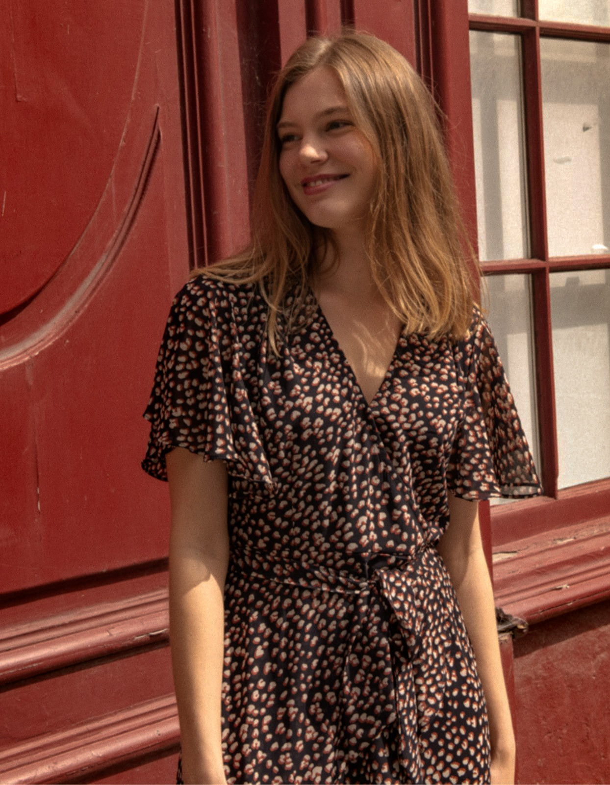 Romane Dress Cross-Over Wrap Printed Navy (Sale Price: $71.39 CAD)