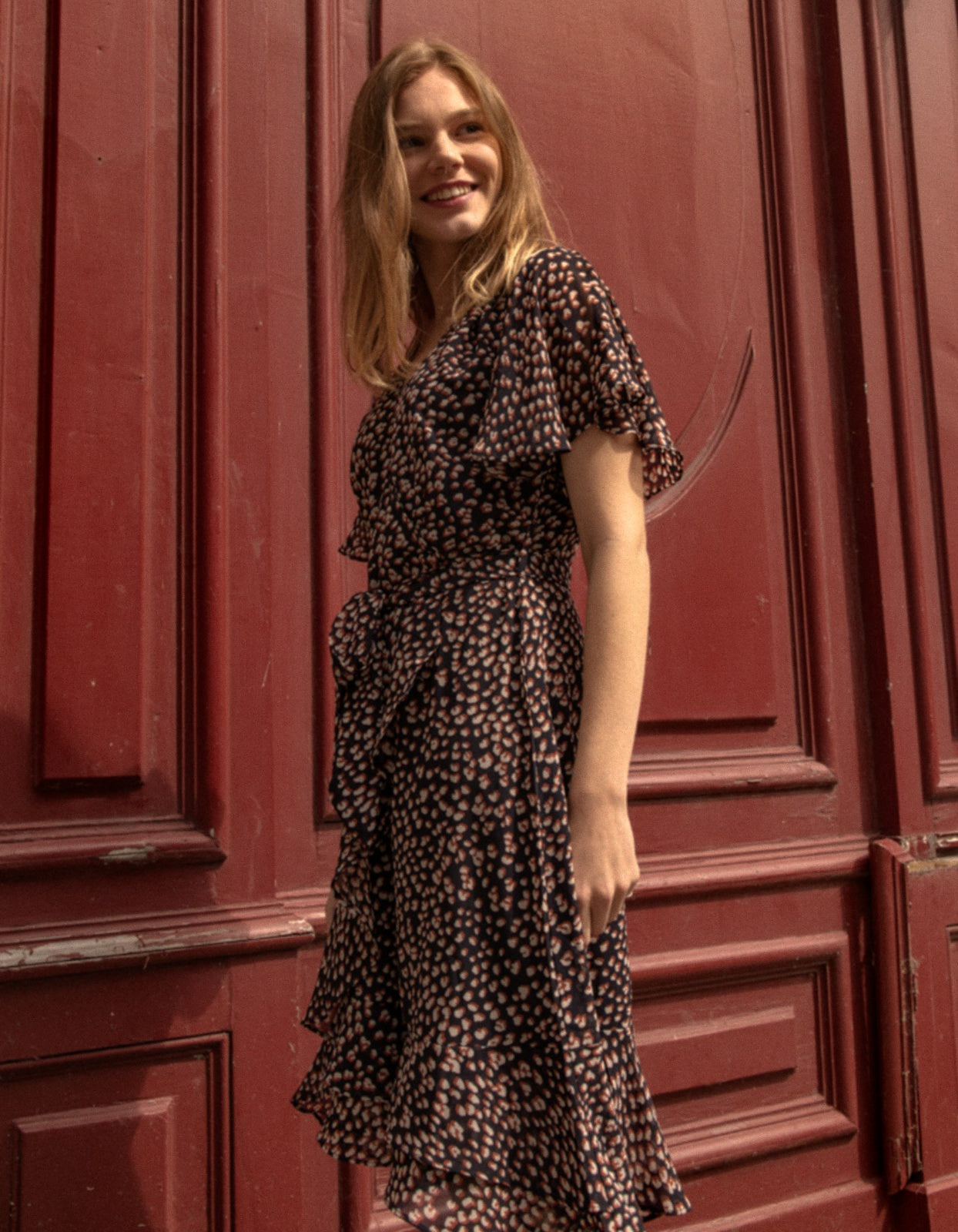 Romane Dress Cross-Over Wrap Printed Navy (Sale Price: $71.39 CAD)