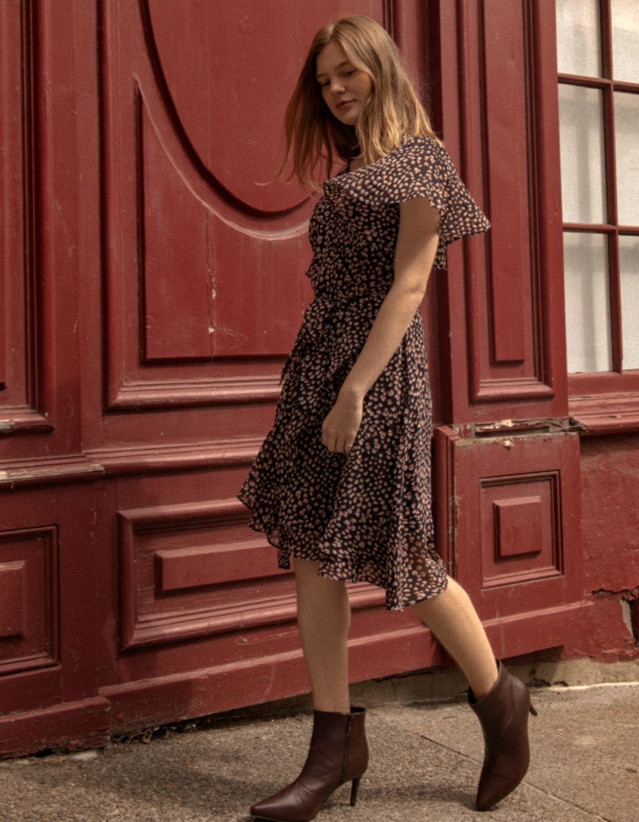 Romane Dress Cross-Over Wrap Printed Navy (Sale Price: $71.39 CAD)