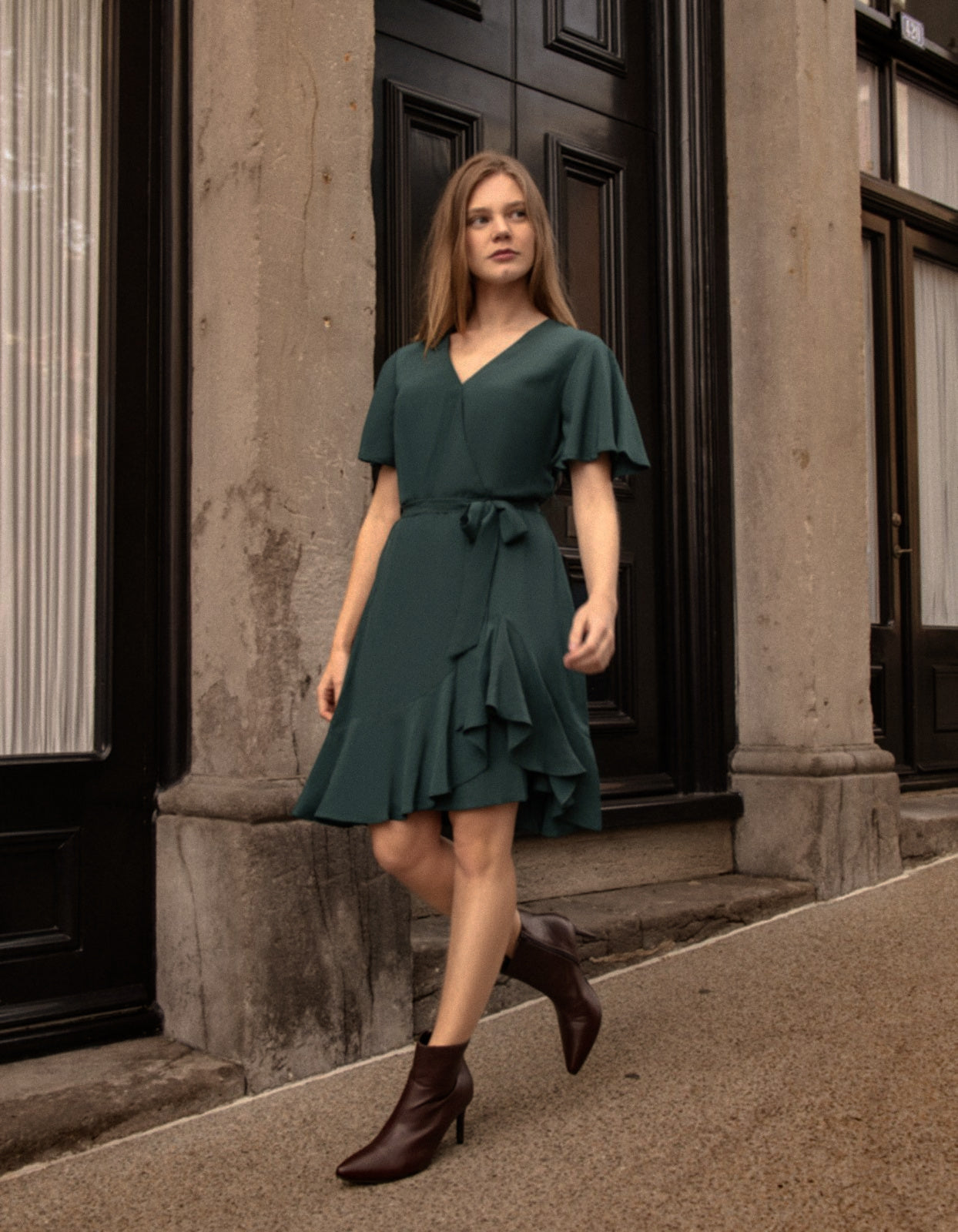 Lilou Dress Cross-Over Angle Flutter Sleeves (Sale Price: $72.24 CAD)