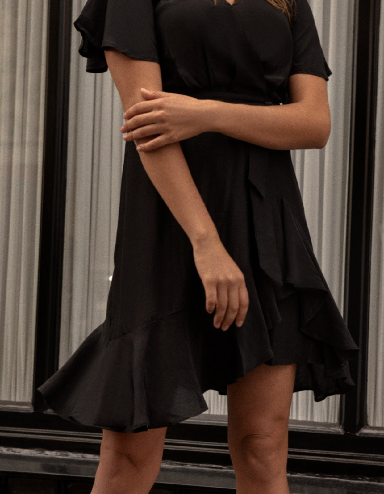 Lilou Dress Cross-Over Angle Flutter Sleeves (Sale Price: $72.24 CAD)