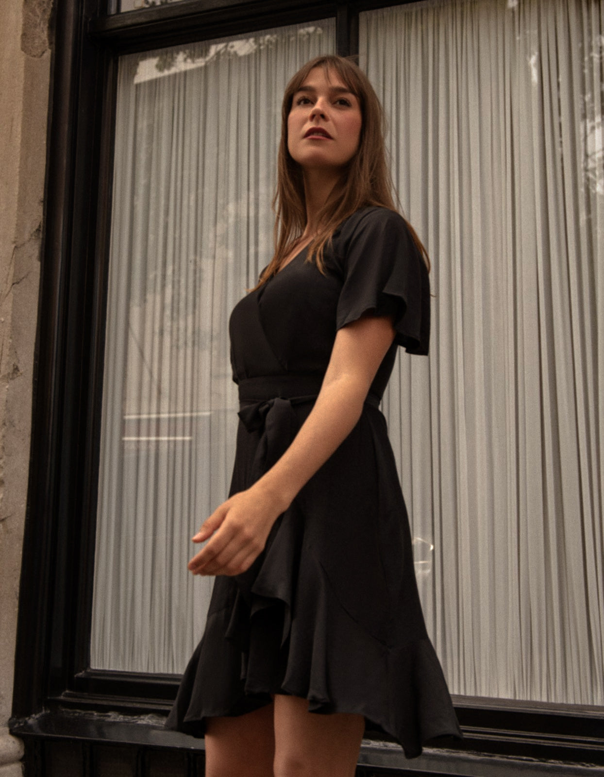 Lilou Dress Cross-Over Angle Flutter Sleeves (Sale Price: $72.24 CAD)