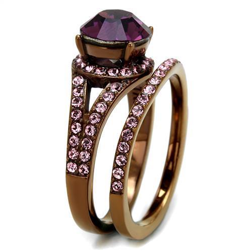 Top Grade Crystal Amethyst on a Light Coffee Stainless Steel Ring