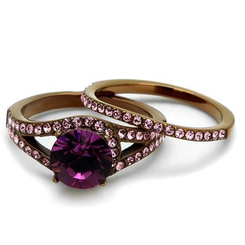 Top Grade Crystal Amethyst on a Light Coffee Stainless Steel Ring