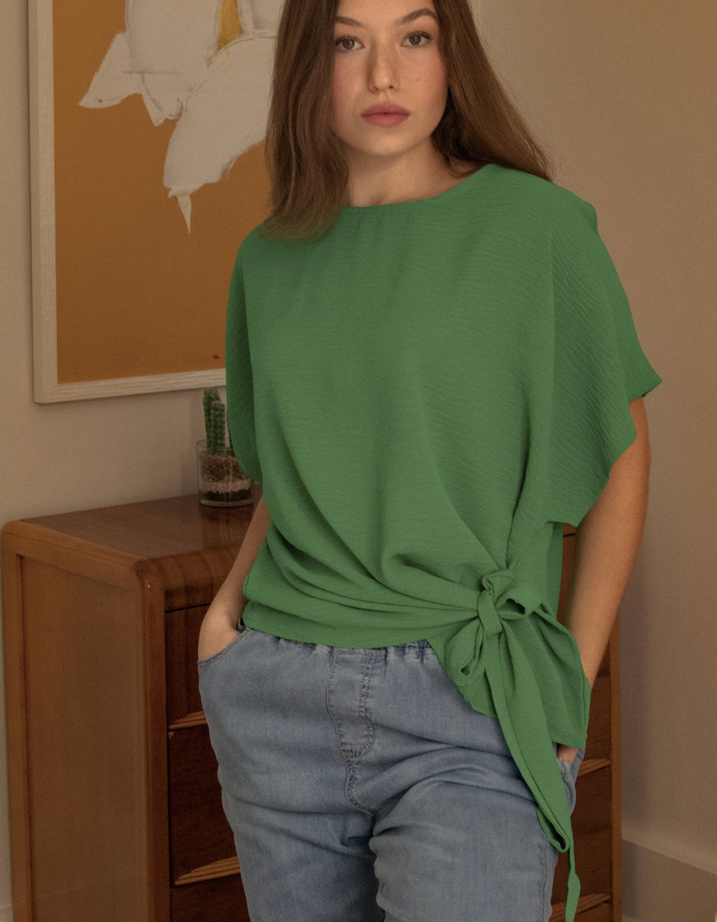 Leslie Top Loose Short Sleeves Knot To Tie - Green (Sizes: XS- 1X) (Sale Price: $42.49 CAD)
