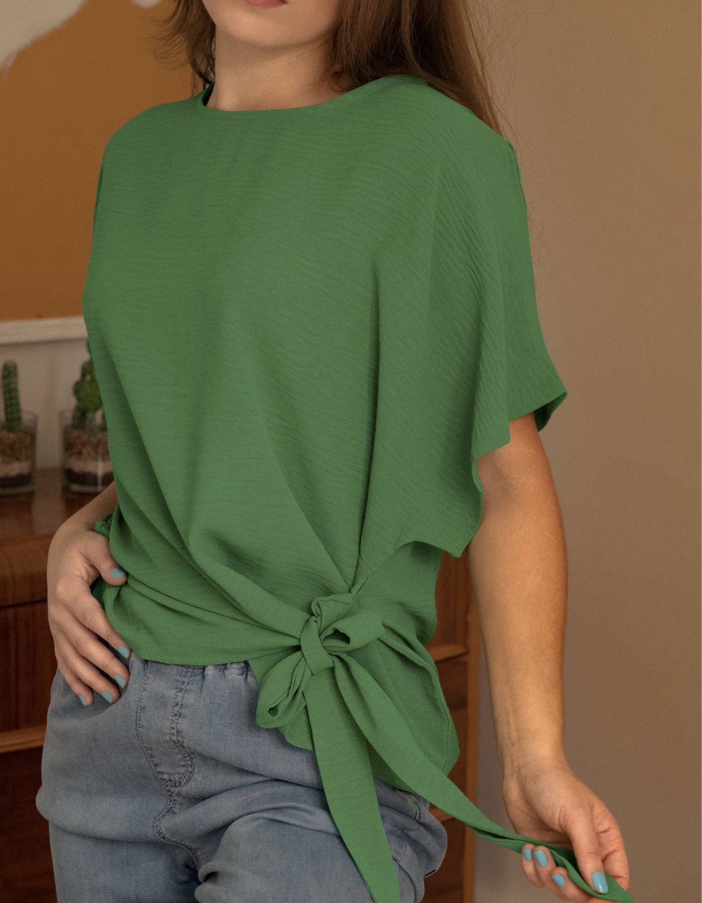 Leslie Top Loose Short Sleeves Knot To Tie - Green (Sizes: XS- 1X) (Sale Price: $42.49 CAD)