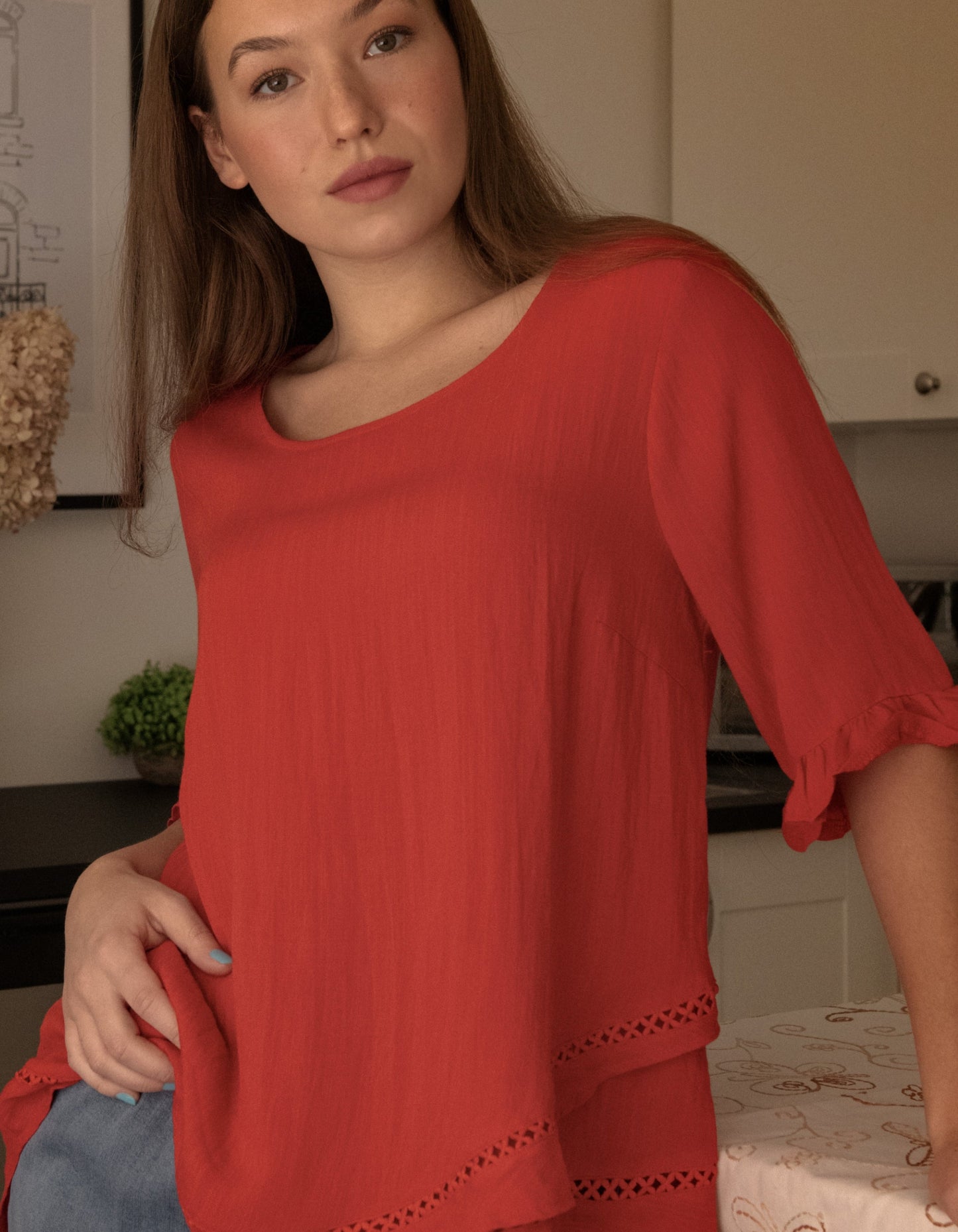 Jessy Top Relaxed Linen Blend Crossover Hem