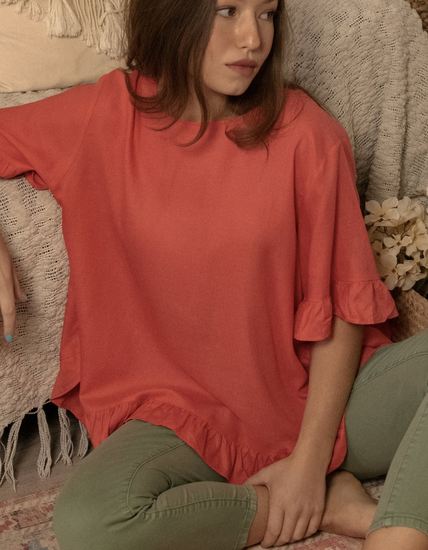 Mylene Top Relaxed Linen Blend Frilled High Low Hem - Viscose/Linen (Sizes: XS - 2XL) (Sale Price: $56.94 CAD)