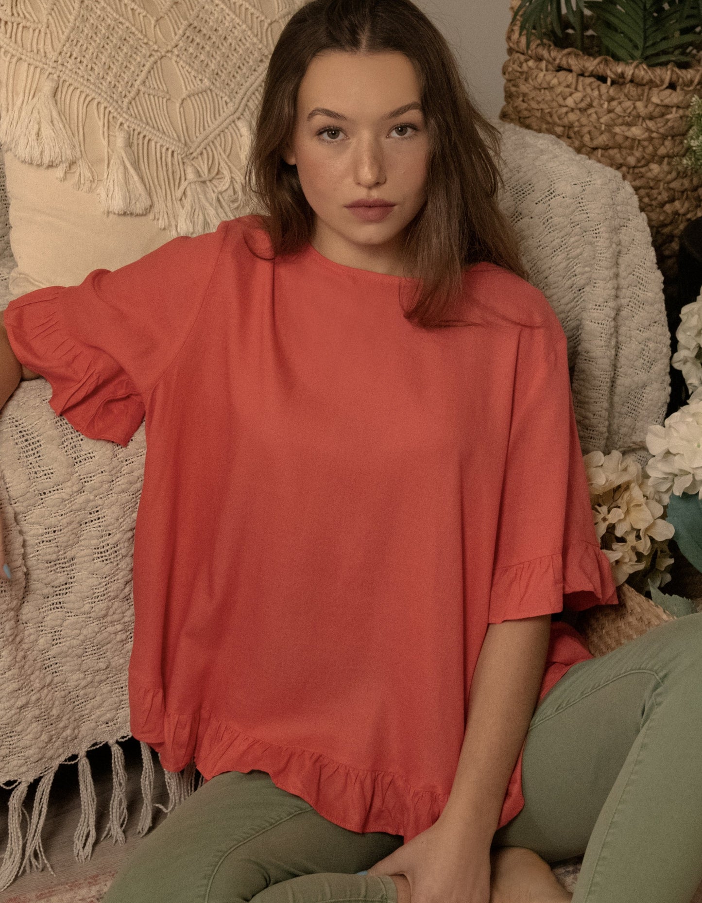 Mylene Top Relaxed Linen Blend Frilled High Low Hem - Viscose/Linen (Sizes: XS - 2XL) (Sale Price: $56.94 CAD)