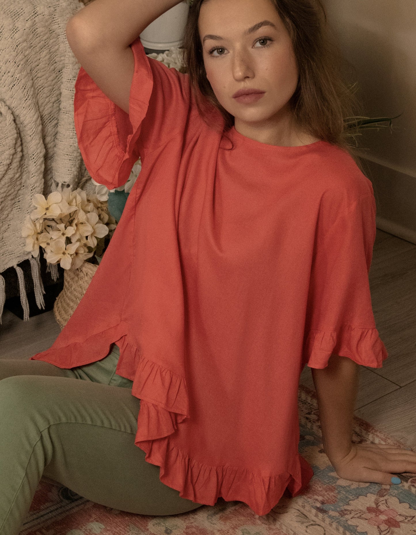 Mylene Top Relaxed Linen Blend Frilled High Low Hem - Viscose/Linen (Sizes: XS - 2XL) (Sale Price: $56.94 CAD)