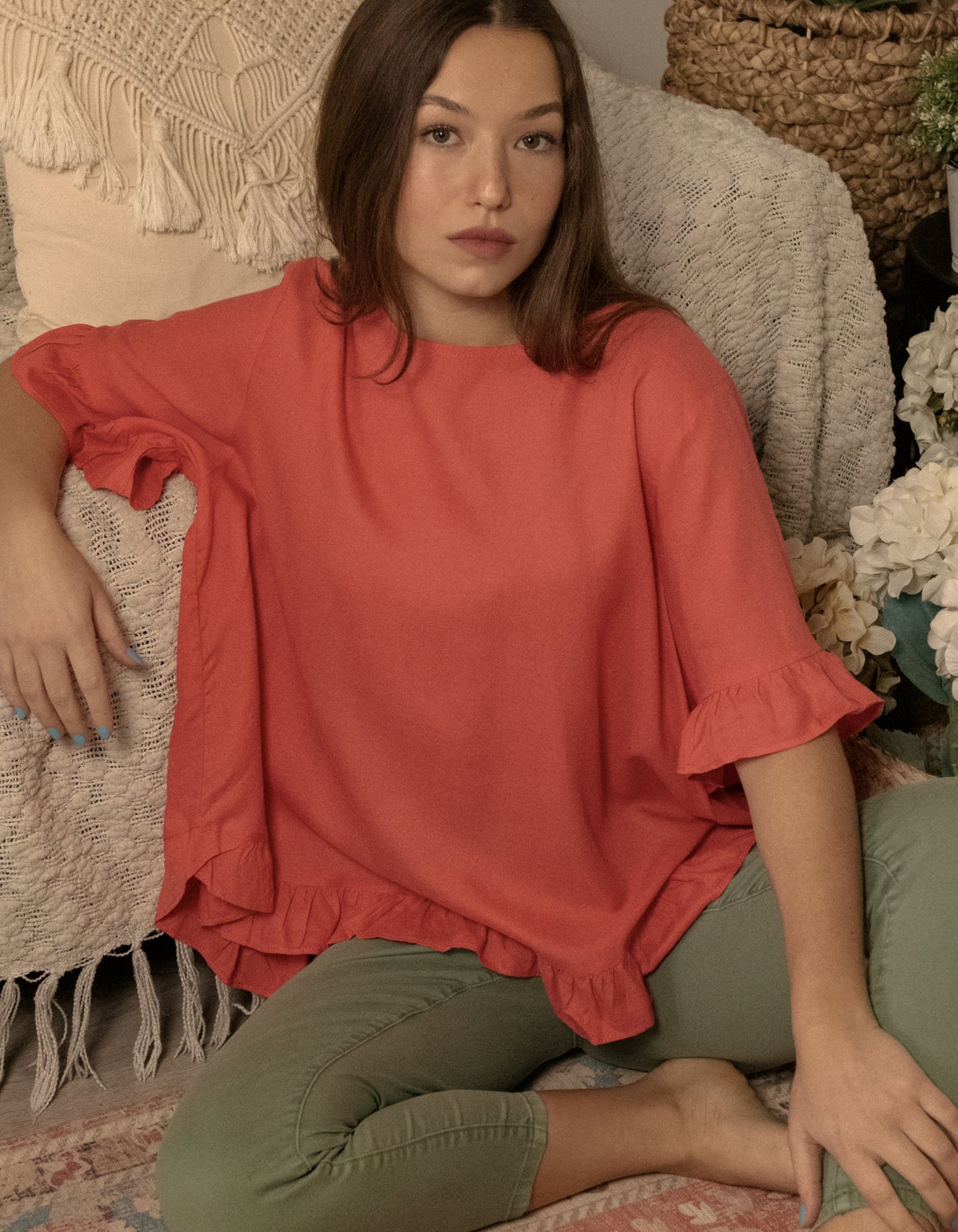 Mylene Top Relaxed Linen Blend Frilled High Low Hem - Viscose/Linen (Sizes: XS - 2XL) (Sale Price: $56.94 CAD)