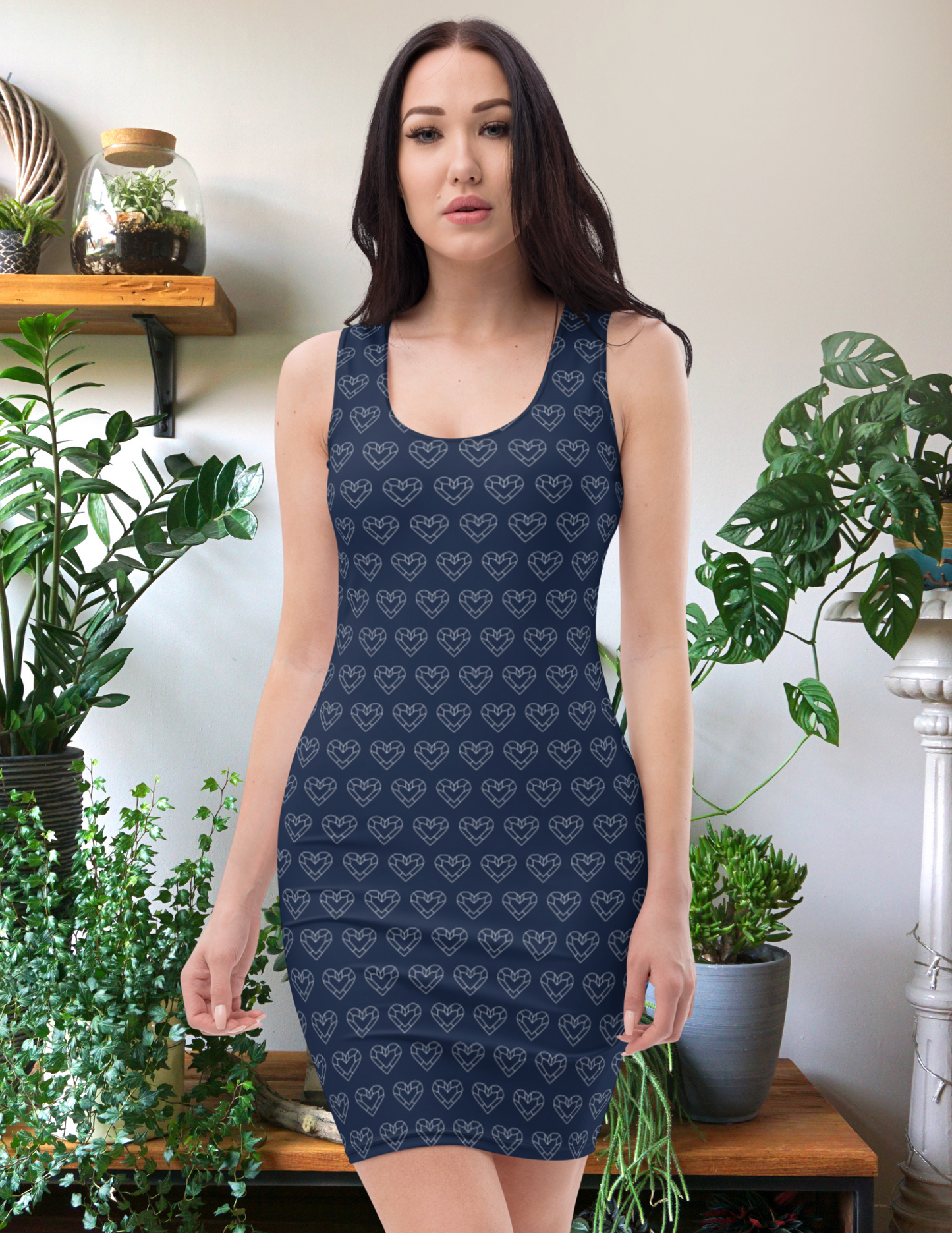 White Geometric Heart on Navy - Bodycon dress ~ Sharon Dawn Collection