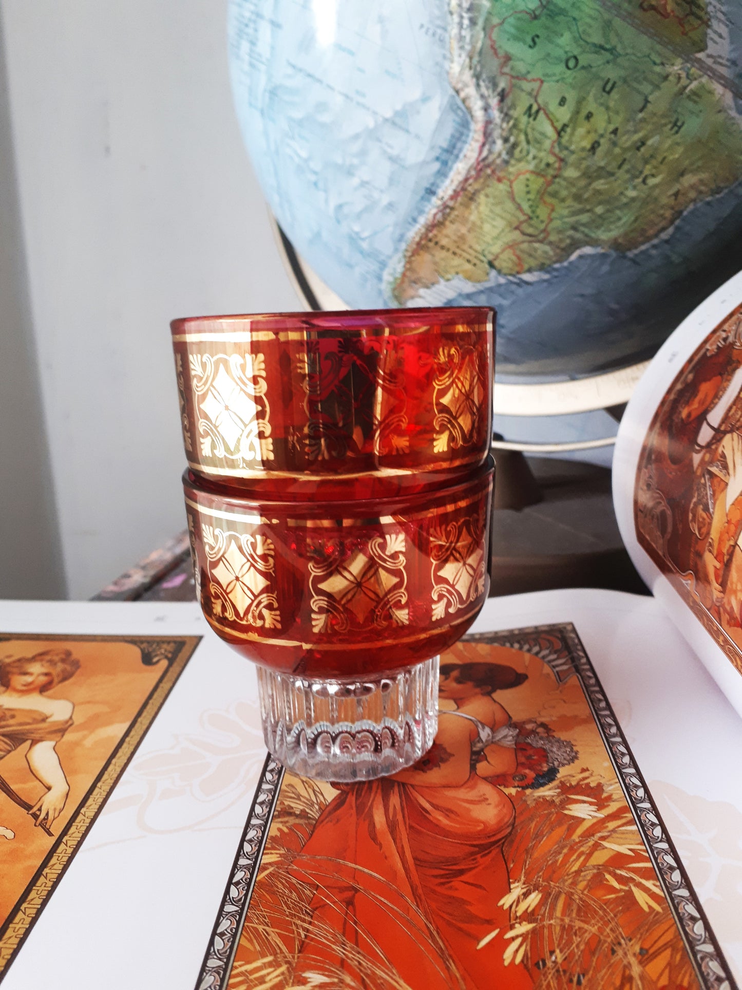 Vintage Italian Red with Gold Crystal Glasses from the 1950's (set of 2)