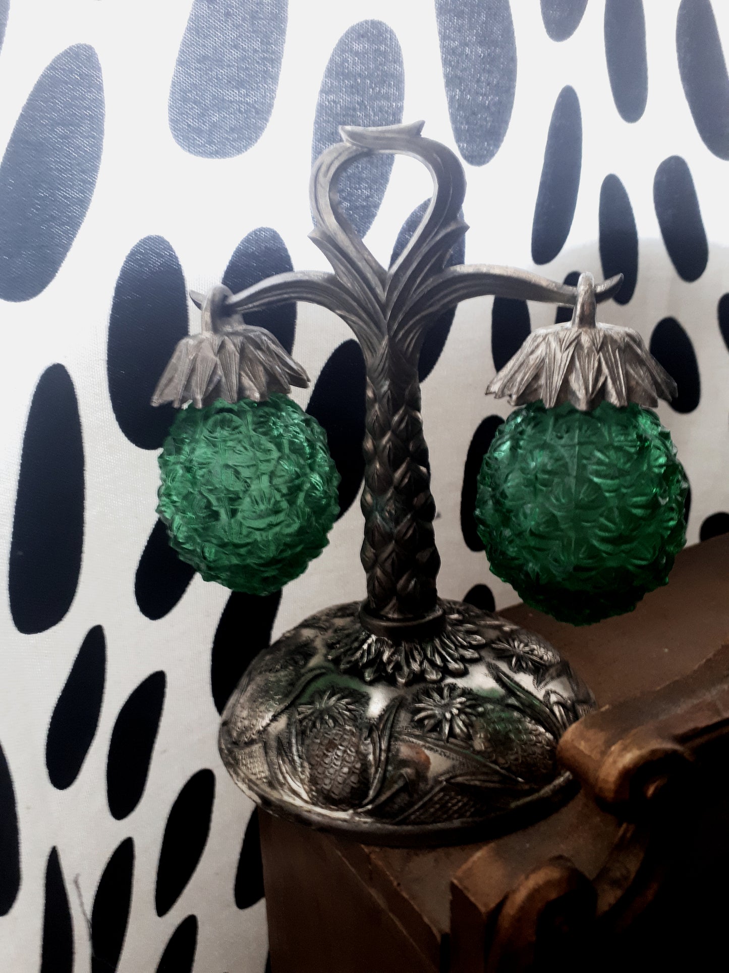 Vintage Pineapple Glass Salt & Pepper Shakers on an Ornate Stand