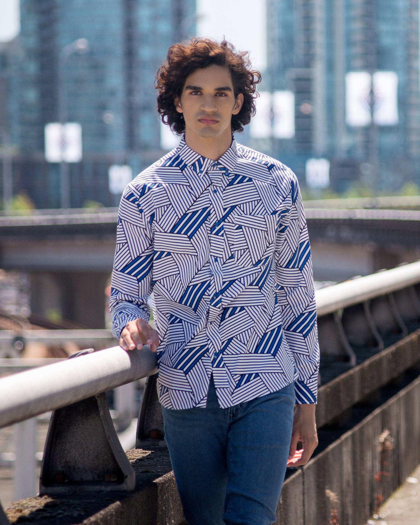 Geo Grid Printed Casual Button-Down Long Sleeve Shirt