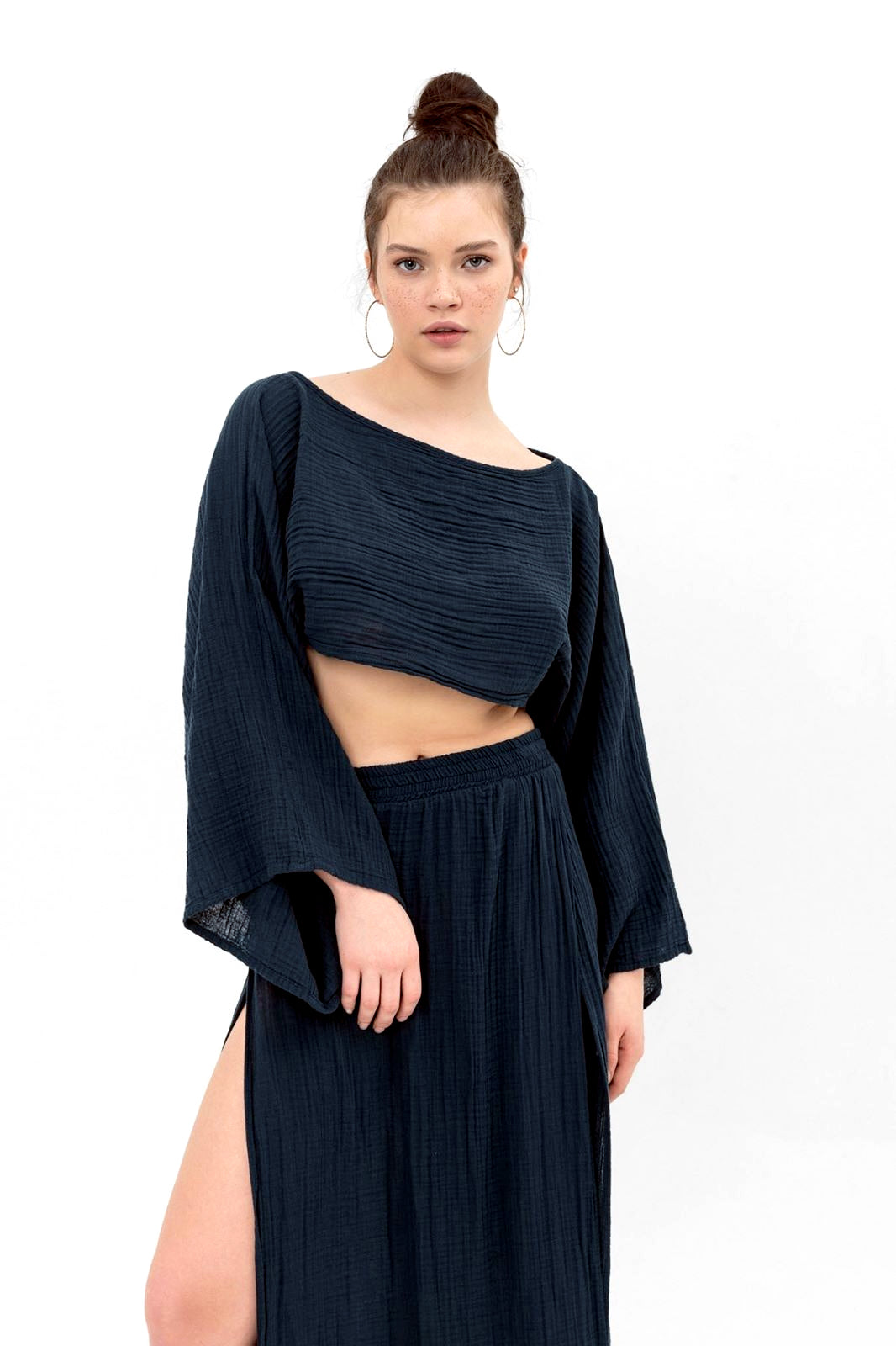 Organic 100% Cotton Long Sleeve Crop Top | Sustainably Sourced (Beige/Mint/Black) (Sizes: S/M/L)