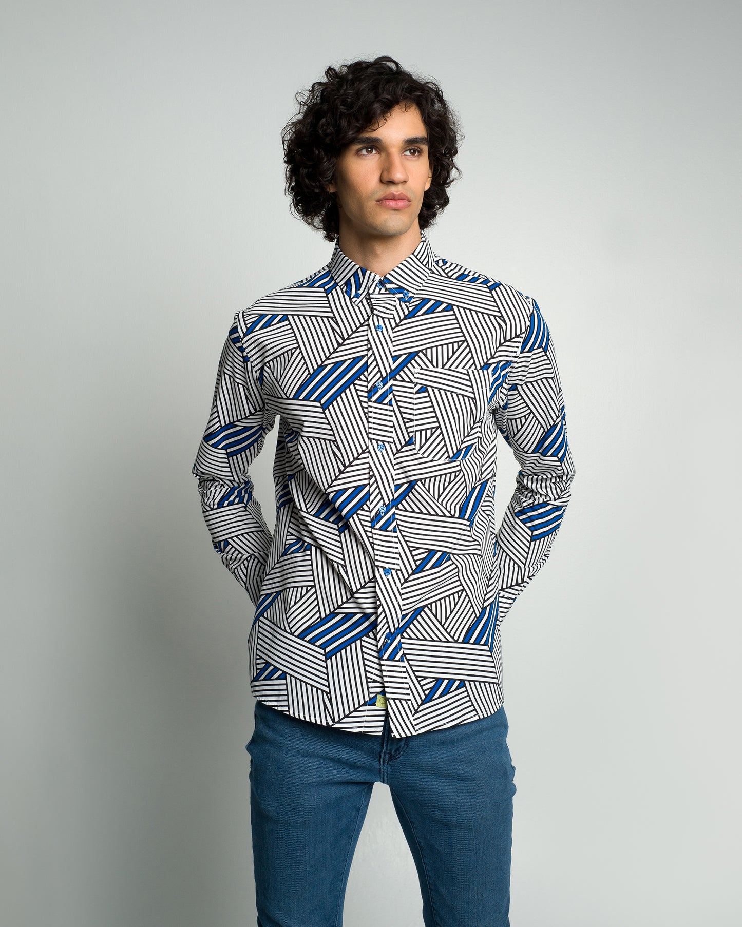 Geo Grid Printed Casual Button-Down Long Sleeve Shirt