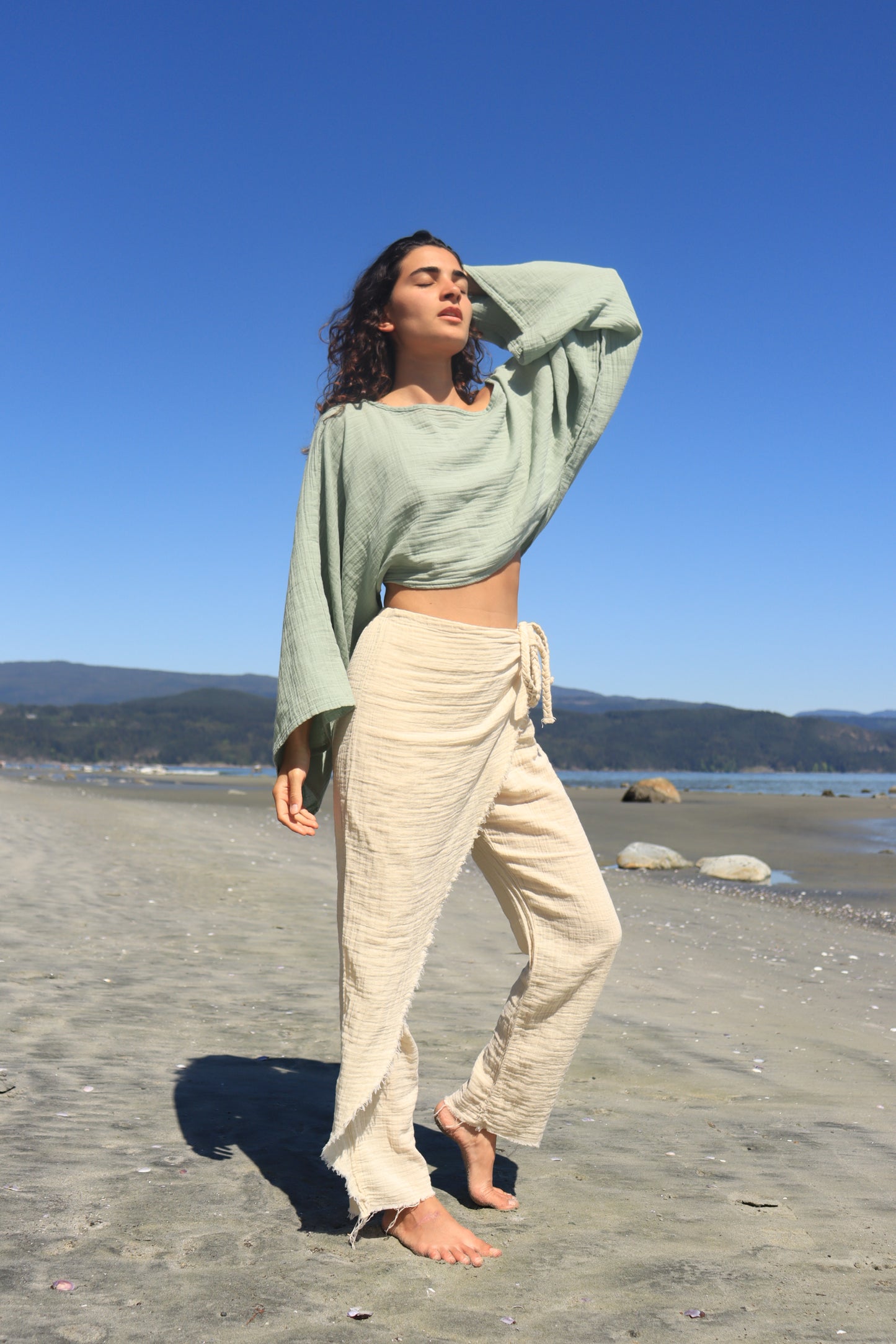 Organic 100% Cotton Long Sleeve Crop Top | Sustainably Sourced (Beige/Mint/Black) (Sizes: S/M/L)
