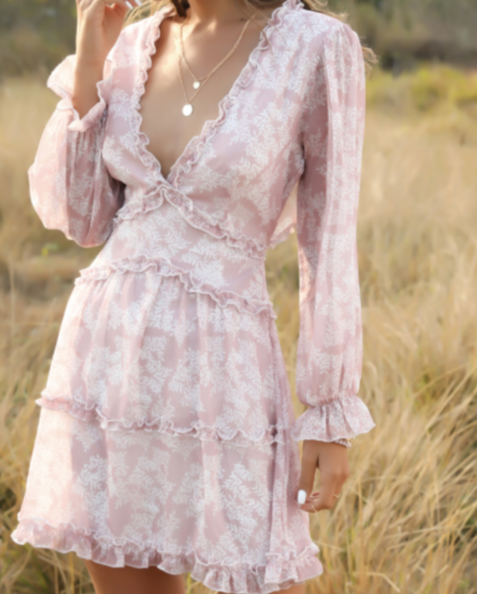 Flowy V-Neck Chiffon Ruffle Dress with Backless Design | White/Pink/Green/Blue