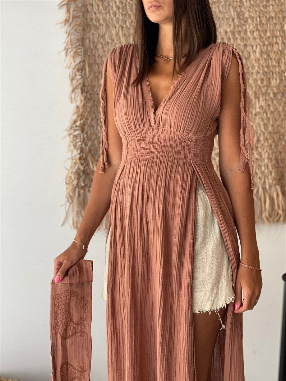Helen Dress, Long Boho Organic Cotton Slit Dress