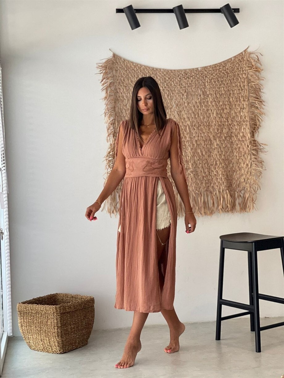 Helen Dress, Long Boho Organic Cotton Slit Dress