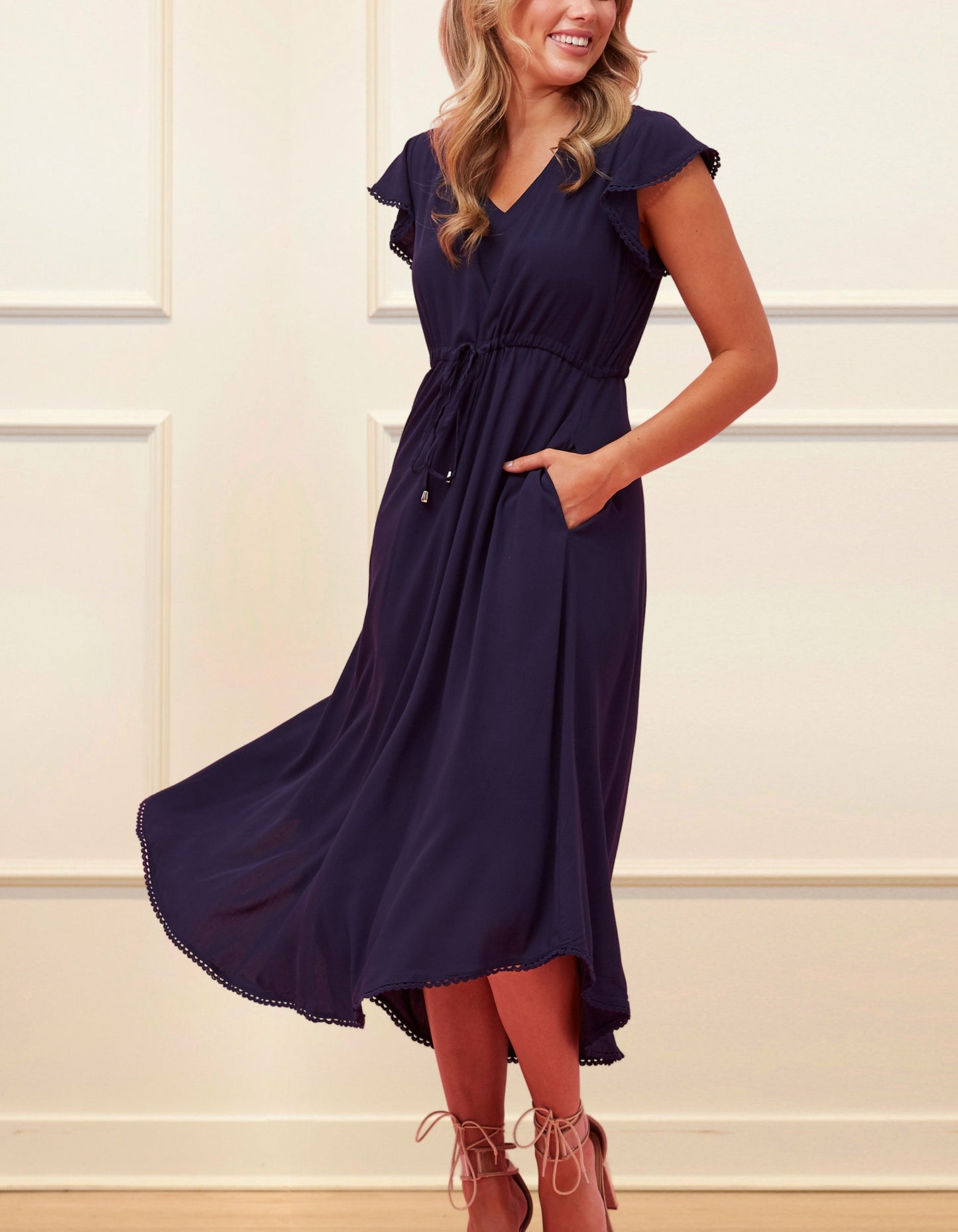Charlie Midi Dress Short Sleeves Lace Trim (Sizes: S-1X)