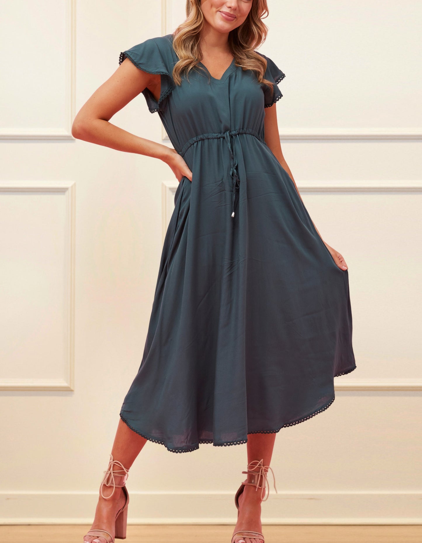 Charlie Midi Dress Short Sleeves Lace Trim (Sizes: S-1X)