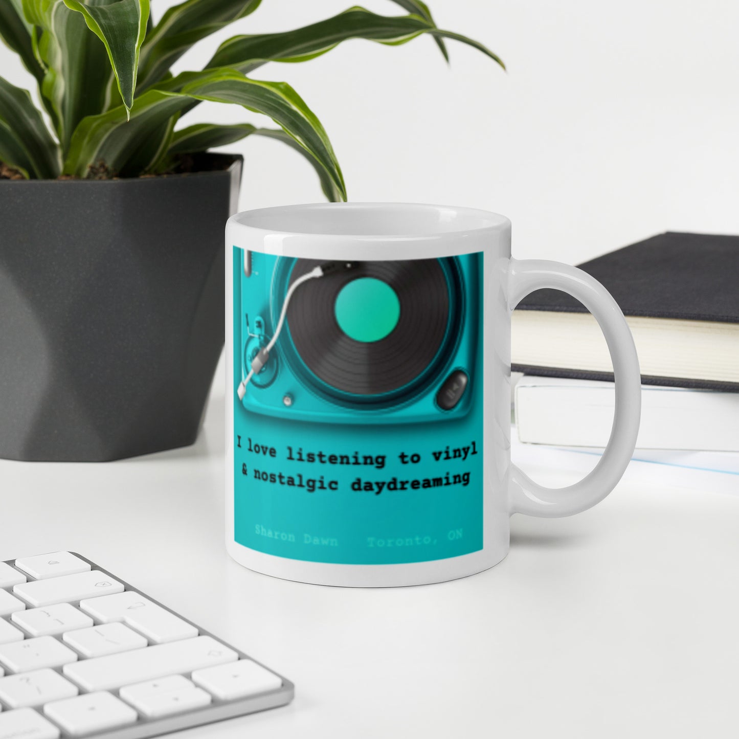 I love listening to vinyl & nostalgic daydreaming - White glossy mug ~ Sharon Dawn Collection
