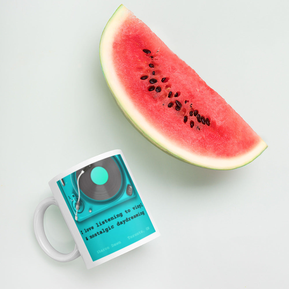 I love listening to vinyl & nostalgic daydreaming - White glossy mug ~ Sharon Dawn Collection