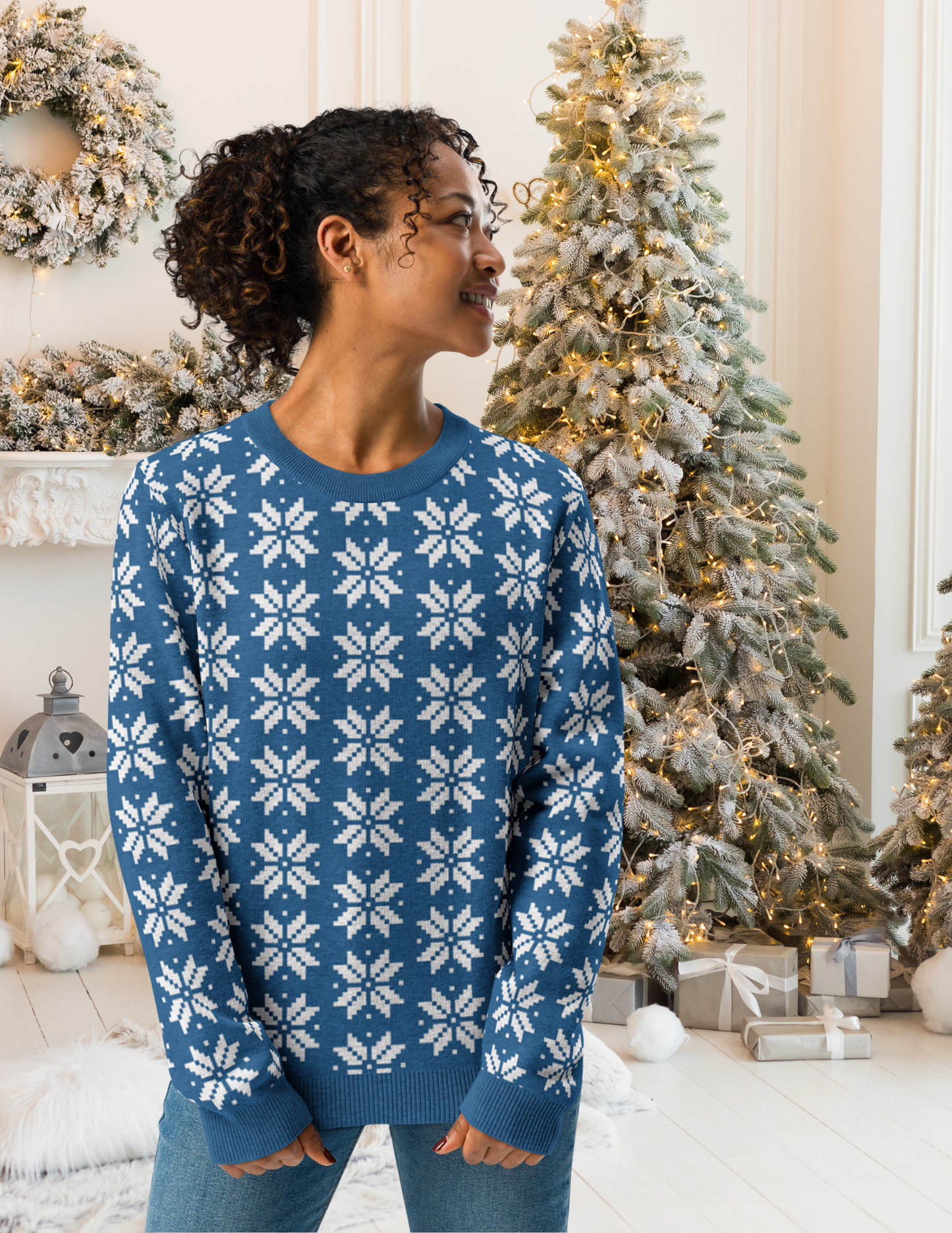 Snowflakes on Blue - Knitted crew neck sweater ~ Sharon Dawn Collection (Sale Price: $100.99 CAD)